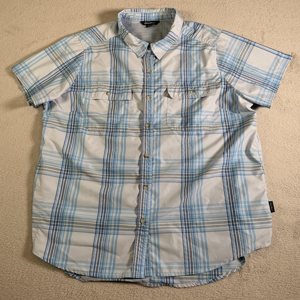 Eddie Bauer Shirt Womens XL Blue Plaid Short Sleeve Button Front Fishing Outdoor